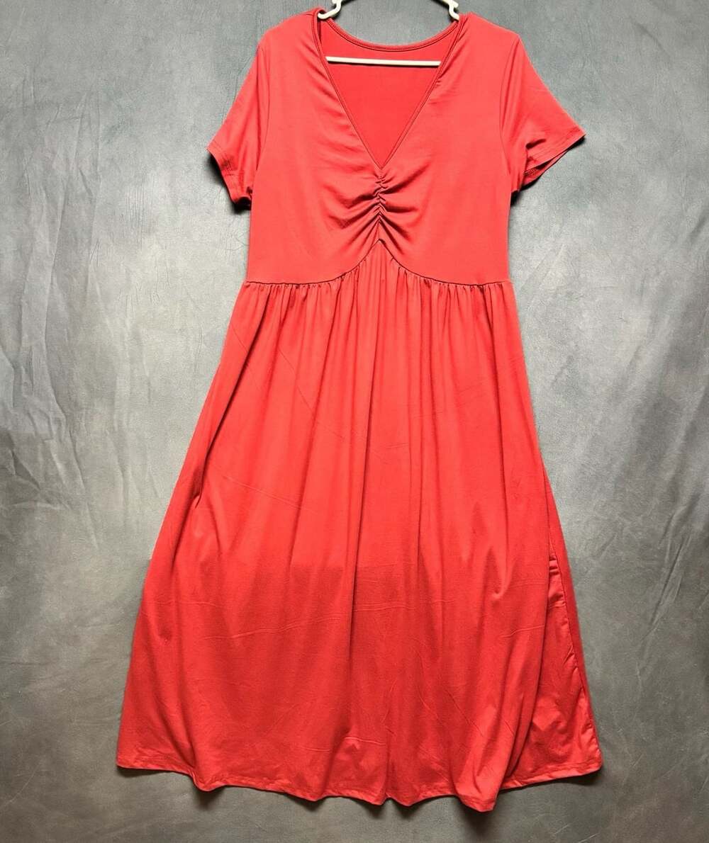 Shein V-Neck Ruched Short Sleeve Dress Burgundy 1XL